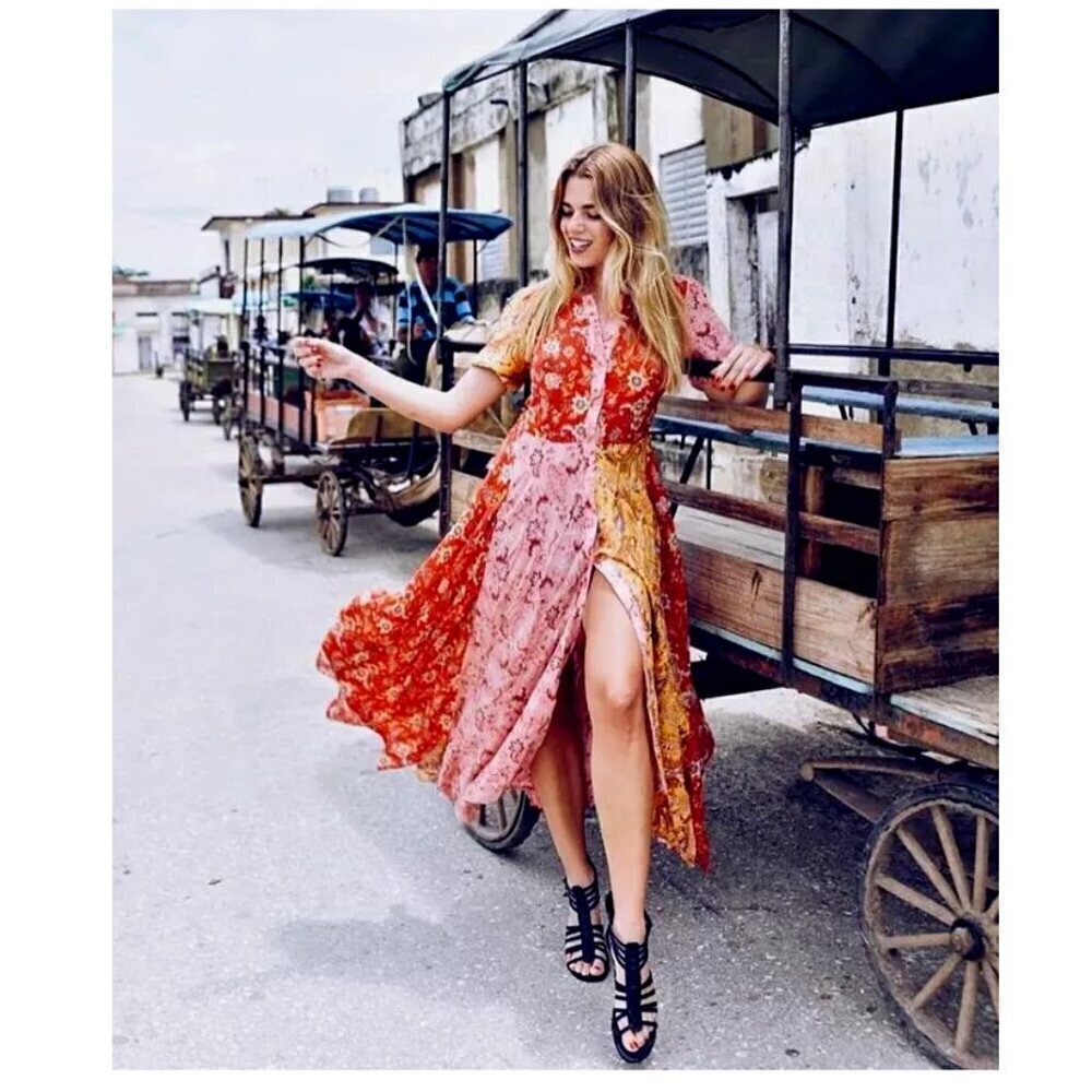 Zara Boho Multicolor Long Floral Patchwork Dress Size S